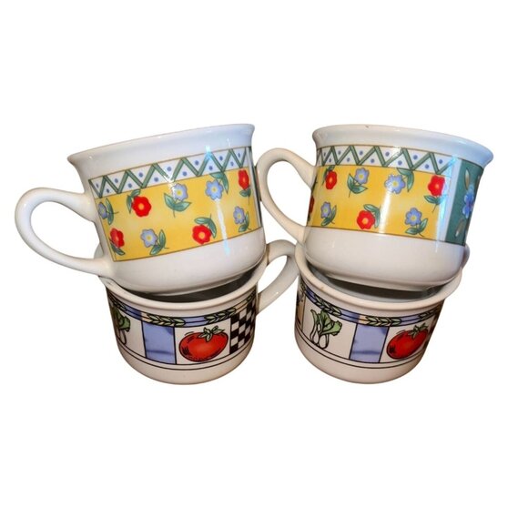 Set Of 4 Fine China Soup Mugs With Floral & Vegetable Patterns Microwave & Dishw - Picture 1 of 6